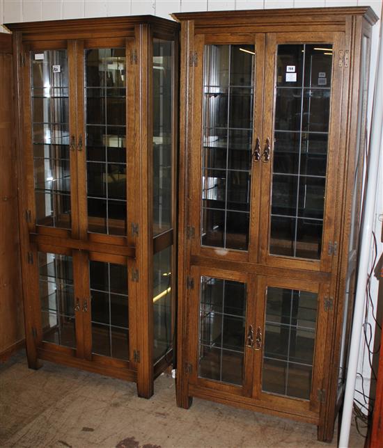 Pair oak lead glass cabinets